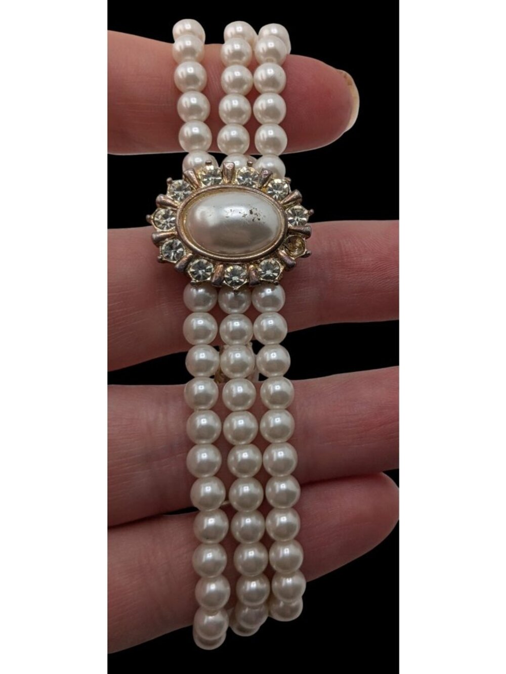Vintage Faux Pearl Necklace Bracelet Set Rhinestone Victorian Elegance Jewelry - Picture 3 of 14